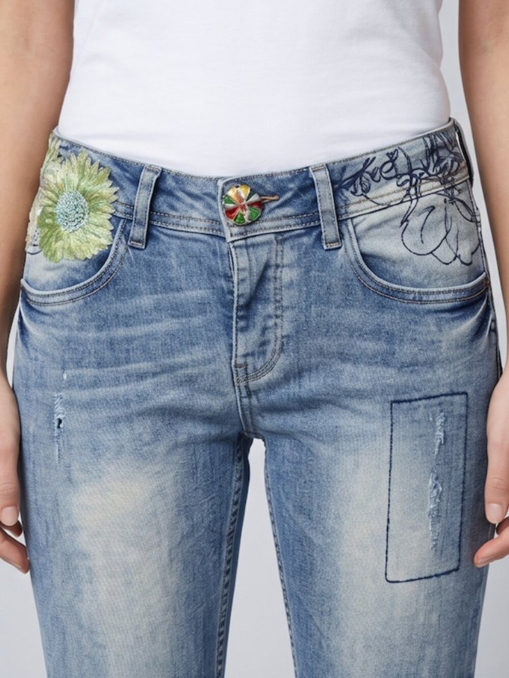 Desigual Slim Fit Embroidered Patchwork Jeans | Beaded Floral Y2K Low-Rise